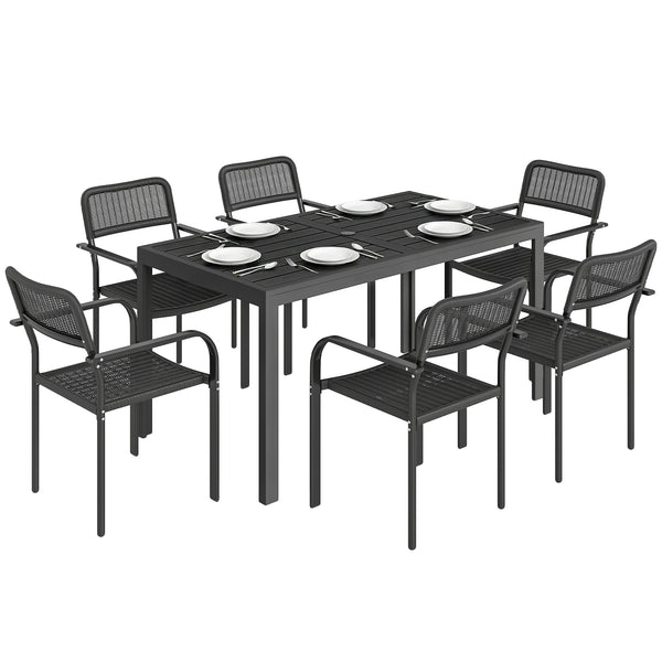 7 Pieces Garden Dining Set, Garden Table and Chairs Set 6 with Faux Rattan Stackable Chairs, Wood Effect Metal Top Table, Umbrella Hole, Outdoor Furniture for Patio Porch Terrace, Black
