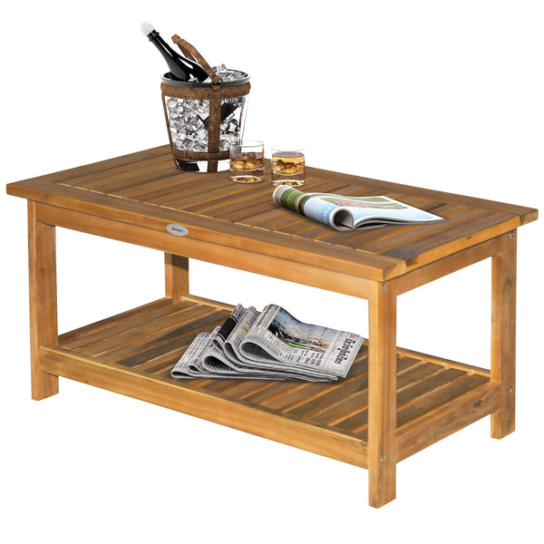 Wooden Garden Coffee Table, Outdoor Side Table with Bottom Storage Shelf for Patio, Deck, Lawn, Garden, 90 x 45 x 43 cm, Teak