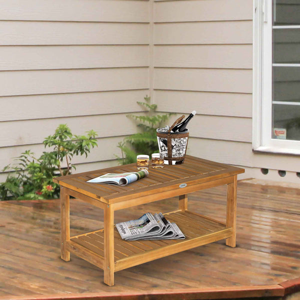 Wooden Garden Coffee Table, Outdoor Side Table with Bottom Storage Shelf for Patio, Deck, Lawn, Garden, 90 x 45 x 43 cm, Teak
