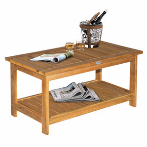 Wooden Garden Coffee Table, Outdoor Side Table with Bottom Storage Shelf for Patio, Deck, Lawn, Garden, 90 x 45 x 43 cm, Teak