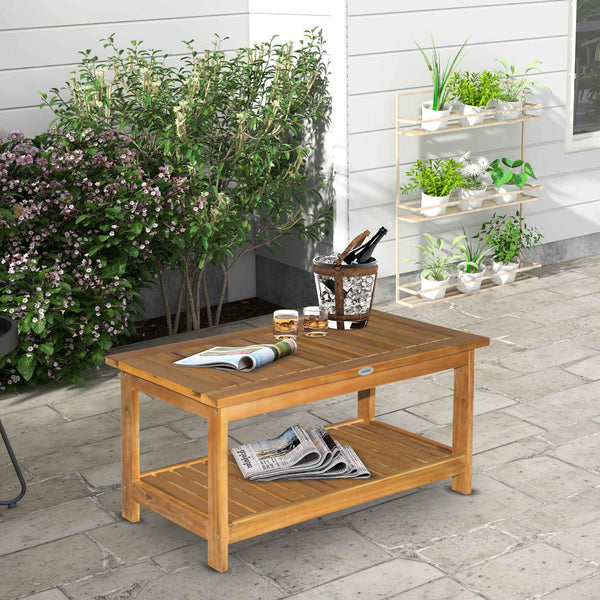 Wooden Garden Coffee Table, Outdoor Side Table with Bottom Storage Shelf for Patio, Deck, Lawn, Garden, 90 x 45 x 43 cm, Teak