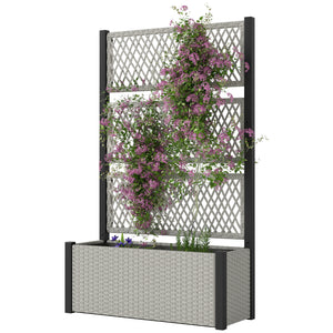 Wicker Outdoor Planter with Trellis, 58" Standing Raised Garden Bed with Liner, Drainage Holes, Privacy Screen Planter Box for Climbing Plants, Flowers, Mixed Grey