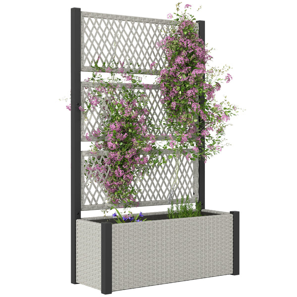 Wicker Outdoor Planter with Trellis, 58" Standing Raised Garden Bed with Liner, Drainage Holes, Privacy Screen Planter Box for Climbing Plants, Flowers, Mixed Grey