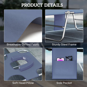 Folding Lounge Chair Outdoor Tanning Chair with Face Hole, 5-Position Reclining Sun Lounger Chaise Lounge Cot with Side Pocket, Carry Strap for Beach Pool, Yard, Grey