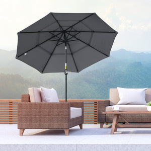 Outsunny 9FT 3 Tiers Patio Umbrella Outdoor Market Umbrella with Crank, Push Button Tilt for Deck, Backyard and Lawn, Dark Gray