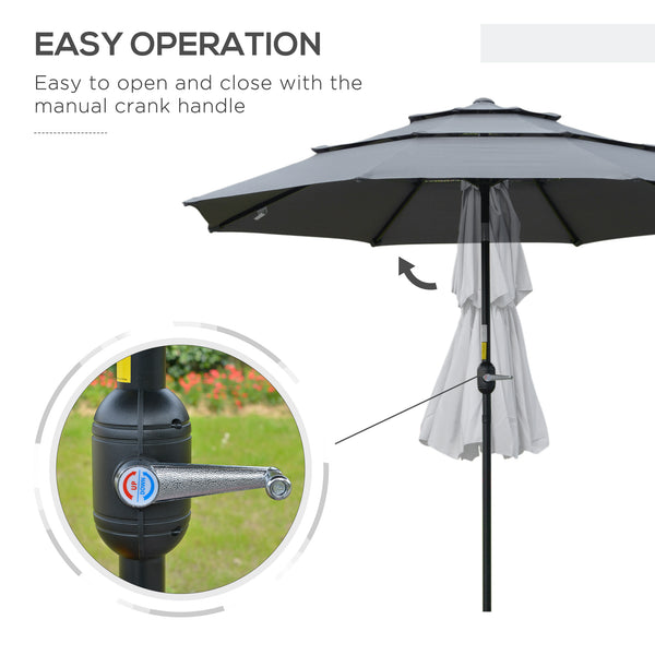 Outsunny 9FT 3 Tiers Patio Umbrella Outdoor Market Umbrella with Crank, Push Button Tilt for Deck, Backyard and Lawn, Dark Gray