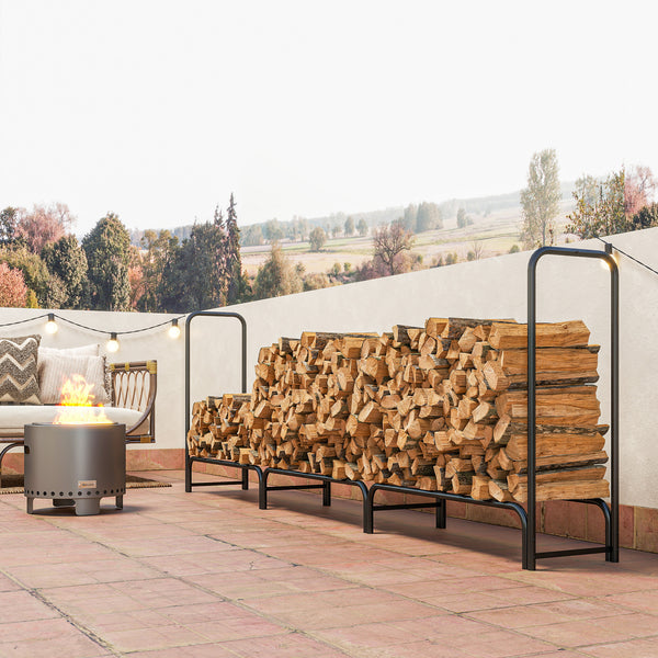 10 ft Firewood Rack with Waterproof Cover, Heavy Duty Metal Log Store Indoors with Steel Chains, Log Storage Holder for Outdoor Indoor Fireplace, Dark Green