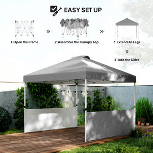 Outsunny 10' x 10' Pop Up Canopy Tent with 2 Half Sidewalls, UV50+ Instant Sun Shelter, Tents for Parties, Height Adjustable, with Wheeled Carry Bag and 4 Sand Bags for Outdoor, Garden, Dark Gray