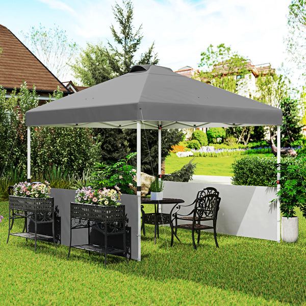 Outsunny 10' x 10' Pop Up Canopy Tent with 2 Half Sidewalls, UV50+ Instant Sun Shelter, Tents for Parties, Height Adjustable, with Wheeled Carry Bag and 4 Sand Bags for Outdoor, Garden, Dark Gray