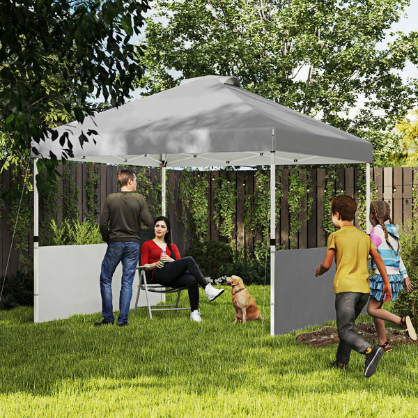 Outsunny 10' x 10' Pop Up Canopy Tent with 2 Half Sidewalls, UV50+ Instant Sun Shelter, Tents for Parties, Height Adjustable, with Wheeled Carry Bag and 4 Sand Bags for Outdoor, Garden, Dark Gray