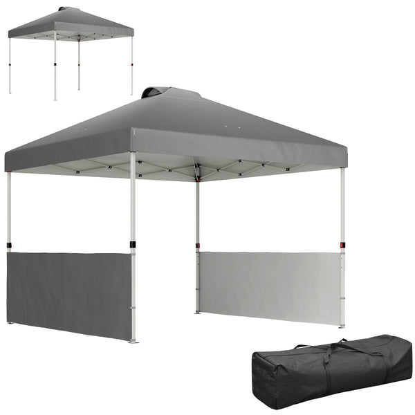 Outsunny 10' x 10' Pop Up Canopy Tent with 2 Half Sidewalls, UV50+ Instant Sun Shelter, Tents for Parties, Height Adjustable, with Wheeled Carry Bag and 4 Sand Bags for Outdoor, Garden, Dark Gray