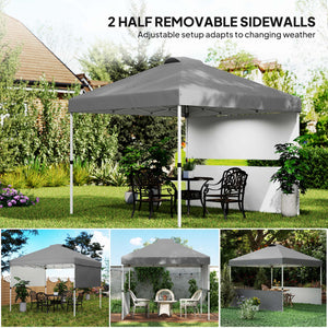 Outsunny 10' x 10' Pop Up Canopy Tent with 2 Half Sidewalls, UV50+ Instant Sun Shelter, Tents for Parties, Height Adjustable, with Wheeled Carry Bag and 4 Sand Bags for Outdoor, Garden, Dark Gray