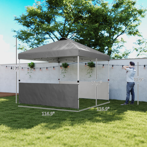 Outsunny 10' x 10' Pop Up Canopy Tent with 2 Half Sidewalls, UV50+ Instant Sun Shelter, Tents for Parties, Height Adjustable, with Wheeled Carry Bag and 4 Sand Bags for Outdoor, Garden, Dark Gray