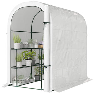 Walk-in Greenhouse with Shelves, Small Greenhouse with Roll-up Door, Garden Plant Growhouse with PE Cover, 123 x 187 x 189 cm, White