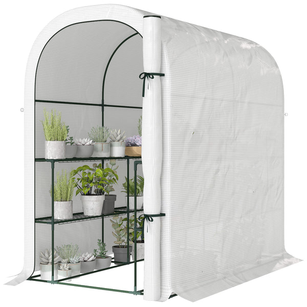 Walk-in Greenhouse with Shelves, Small Greenhouse with Roll-up Door, Garden Plant Growhouse with PE Cover, 123 x 187 x 189 cm, White
