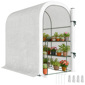 Walk-in Greenhouse with Shelves, Small Greenhouse with Roll-up Door, Garden Plant Growhouse with PE Cover, 123 x 187 x 189 cm, White