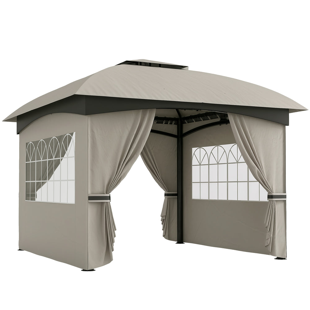 Outsunny 11' x 11' Outdoor Gazebo, Arc Patio Gazebo Canopy Shelter, UV Protected, with Curtains, Church Windows, Double Roof, Galvanized Steel Frame for Lawn, Backyard and Deck, Light Gray