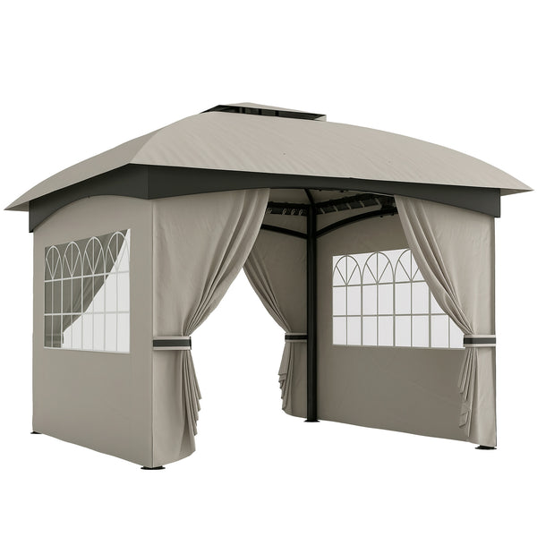 Outsunny 11' x 11' Outdoor Gazebo, Arc Patio Gazebo Canopy Shelter, UV Protected, with Curtains, Church Windows, Double Roof, Galvanized Steel Frame for Lawn, Backyard and Deck, Light Gray