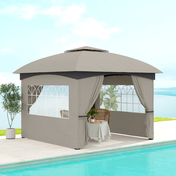 Outsunny 11' x 11' Outdoor Gazebo, Arc Patio Gazebo Canopy Shelter, UV Protected, with Curtains, Church Windows, Double Roof, Galvanized Steel Frame for Lawn, Backyard and Deck, Light Gray