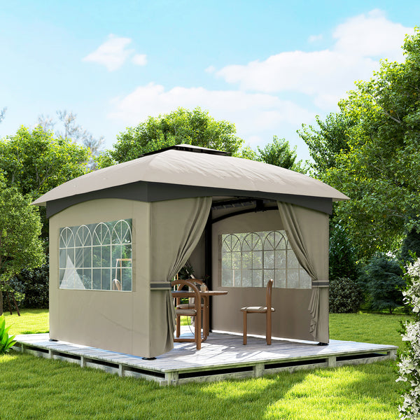 Outsunny 11' x 11' Outdoor Gazebo, Arc Patio Gazebo Canopy Shelter, UV Protected, with Curtains, Church Windows, Double Roof, Galvanized Steel Frame for Lawn, Backyard and Deck, Light Gray