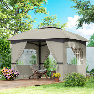 Outsunny 11' x 11' Outdoor Gazebo, Arc Patio Gazebo Canopy Shelter, UV Protected, with Curtains, Church Windows, Double Roof, Galvanized Steel Frame for Lawn, Backyard and Deck, Light Gray