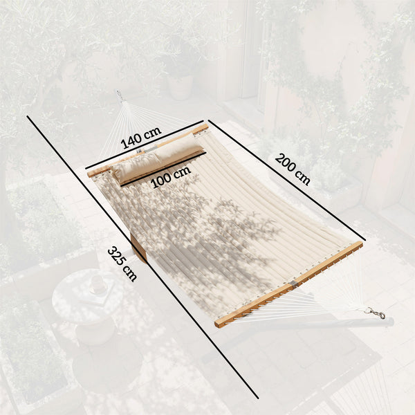 Double Hammock 2-Person with Pillow and Pad, Extra Large 200 x 140 cm, Load Capacity 200 kg, Swing Bed for Patio Porch Garden Lounging Outdoor and Indoor Cream White