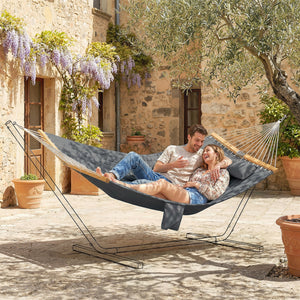 Outdoor Hammock, 2-Person Hammock with Head Pillow and Pad, Wood Spreader Bars, 440 lbs Capacity, for Patio Yard Garden, 128" x 55", Gray
