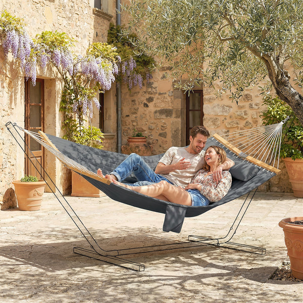 Outdoor Hammock, 2-Person Hammock with Head Pillow and Pad, Wood Spreader Bars, 440 lbs Capacity, for Patio Yard Garden, 128" x 55", Gray