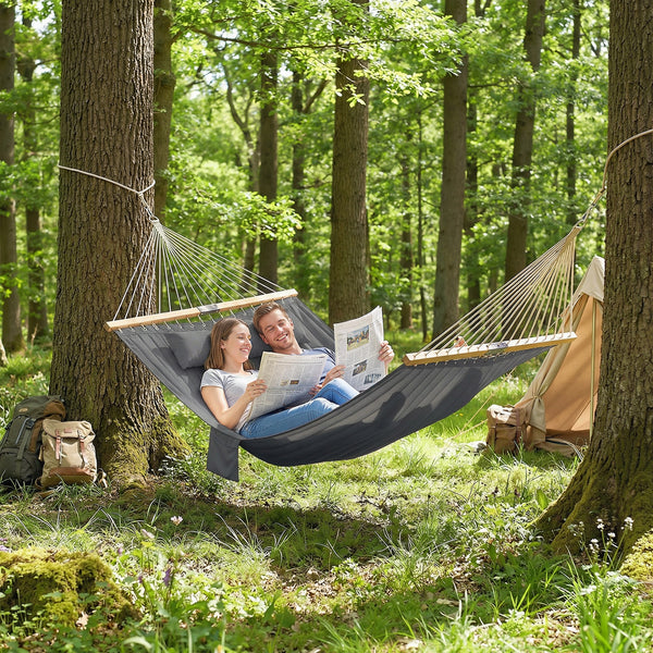 Outdoor Hammock, 2-Person Hammock with Head Pillow and Pad, Wood Spreader Bars, 440 lbs Capacity, for Patio Yard Garden, 128" x 55", Gray