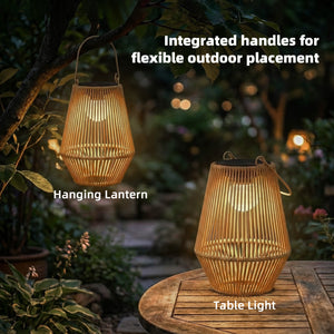 Hanging Solar Lights Outdoor Garden Lanterns, 2 Pack Rattan Solar Lights with Auto On/Off, Decorative Rattan Table Lamp with Handle, IP44 for Patio, Pathway, Terrace, Tree, Brown