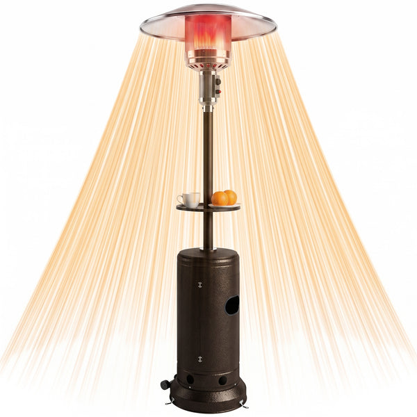 Gas Patio Heater with Table Tray, 13 kW Portable Propane Outdoor Heater with Stepless Heat Control, Piezo Ignition, Tip-over Protection, 2 Wheels for Garden, Brown