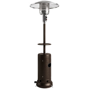 Gas Patio Heater with Table Tray, 13 kW Portable Propane Outdoor Heater with Stepless Heat Control, Piezo Ignition, Tip-over Protection, 2 Wheels for Garden, Brown