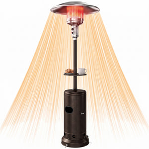 Gas Patio Heater with Table Tray, 13 kW Portable Propane Outdoor Heater with Stepless Heat Control, Piezo Ignition, Tip-over Protection, 2 Wheels for Garden, Brown
