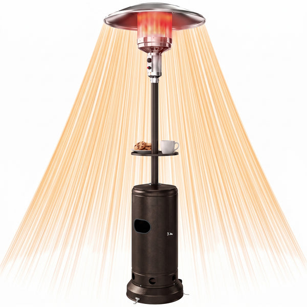 Gas Patio Heater with Table Tray, 13 kW Portable Propane Outdoor Heater with Stepless Heat Control, Piezo Ignition, Tip-over Protection, 2 Wheels for Garden, Brown