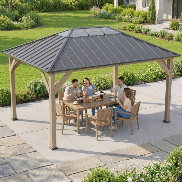 12' x 16' Hardtop Gazebo with Galvanized Steel Roof, Wood Permanent Pavilion Canopy Shelter with Clear Roof Top, UPF50+ Protection, Ceiling Hooks for Lawn, Backyard, Deck, Light Walnut