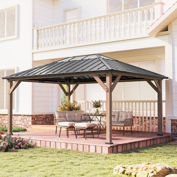 12' x 16' Hardtop Gazebo with Galvanized Steel Roof, Wood Permanent Pavilion Canopy Shelter with Clear Roof Top, UPF50+ Protection, Ceiling Hooks for Lawn, Backyard, Deck, Light Walnut