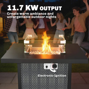 Propane Gas Fire Pit Table for Garden, 11.7 KW Smokeless Firepit Outdoor Heater with Wind Guard, Glass Rocks, Lid, Diamond Pattern Sides, Outdoor Garden Dining Table, 71 x 71 x 63cm, Black