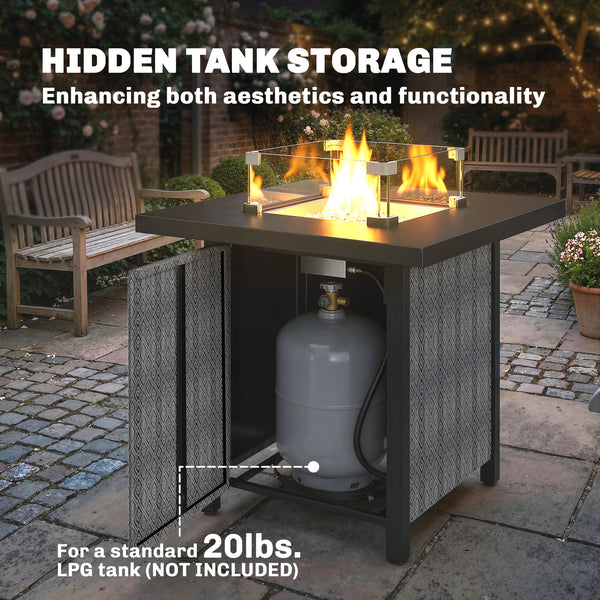 Propane Gas Fire Pit Table for Garden, 11.7 KW Smokeless Firepit Outdoor Heater with Wind Guard, Glass Rocks, Lid, Diamond Pattern Sides, Outdoor Garden Dining Table, 71 x 71 x 63cm, Black