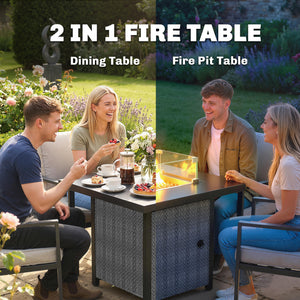 Propane Gas Fire Pit Table for Garden, 11.7 KW Smokeless Firepit Outdoor Heater with Wind Guard, Glass Rocks, Lid, Diamond Pattern Sides, Outdoor Garden Dining Table, 71 x 71 x 63cm, Black