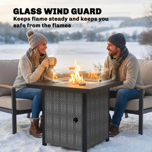 Propane Gas Fire Pit Table for Garden, 11.7 KW Smokeless Firepit Outdoor Heater with Wind Guard, Glass Rocks, Lid, Diamond Pattern Sides, Outdoor Garden Dining Table, 71 x 71 x 63cm, Black