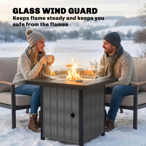 Propane Gas Fire Pit Table for Garden, 11.7 KW Smokeless Firepit Outdoor Heater with Wind Guard, Glass Rocks, Lid, Diamond Pattern Sides, Outdoor Garden Dining Table, 71 x 71 x 63cm, Black