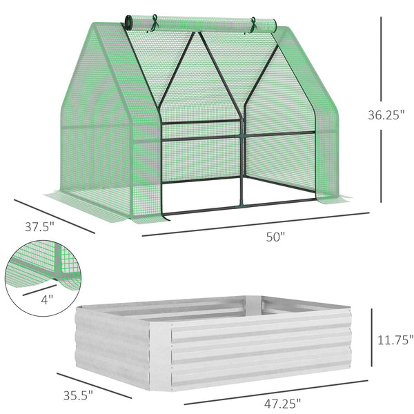 Outsunny Galvanized Raised Garden Bed with Mini Greenhouse Cover, Outdoor Metal Planter Box with Roll-Up Door for Growing Flowers, Fruits, Vegetables, and Herbs, 50" x 37.5" x 36.25", Green