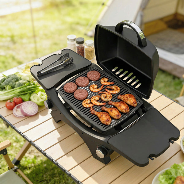 2 Burner Gas Grill with 2 Detachable Side Tables, 3.8 KW Steel Barbecue Grill with Cast Iron Grates, Tabletop BBQ with Lid, Thermometer, Grease Tray, 4 Hooks, Black