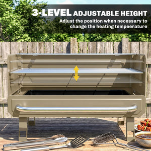 Portable BBQ Grill, Charcoal Barbecue Grill with Adjustable Grates, Foldable Legs and Side Shelf for Camping Hiking Picnic Travel Garden Outdoor Cooking, Khaki