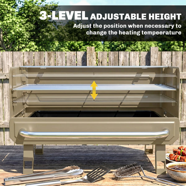 Portable BBQ Grill, Charcoal Barbecue Grill with Adjustable Grates, Foldable Legs and Side Shelf for Camping Hiking Picnic Travel Garden Outdoor Cooking, Khaki