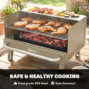 Portable BBQ Grill, Charcoal Barbecue Grill with Adjustable Grates, Foldable Legs and Side Shelf for Camping Hiking Picnic Travel Garden Outdoor Cooking, Khaki