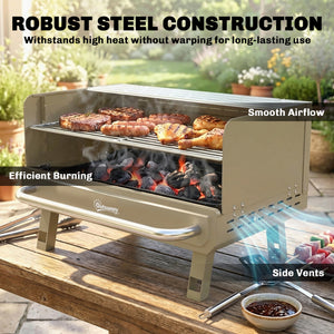 Portable BBQ Grill, Charcoal Barbecue Grill with Adjustable Grates, Foldable Legs and Side Shelf for Camping Hiking Picnic Travel Garden Outdoor Cooking, Khaki