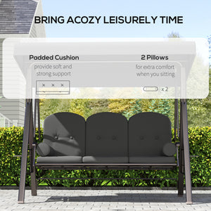 3 Seater Canopy Swing Chair, Outdoor Garden Swing Seat with Adjustable Canopy, Cushions and Cup Trays, Steel Frame, Dark Grey