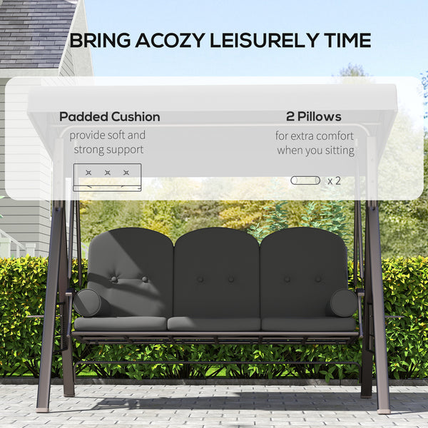 3 Seater Canopy Swing Chair, Outdoor Garden Swing Seat with Adjustable Canopy, Cushions and Cup Trays, Steel Frame, Dark Grey