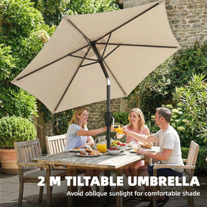2m Garden Parasol Umbrella, Outdoor Table Parasol Umbrella with Crank Handle, Tilt Function, UV30+ Protection, Sun Shade Canopy for Patio, Beach, Light Grey